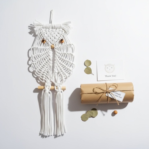 Makrama Sowa Dekoracja Ścienna 60x25cm Biała Bawełna Boho Handmade