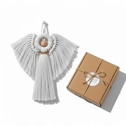 Aniołek Makrama Bombka Choinkowa 19cm Biały Bawełna Drewno