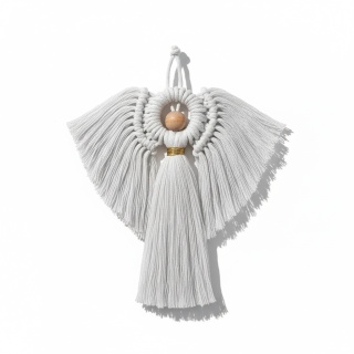 Aniołek Makrama Bombka Choinkowa 19cm Biały Bawełna Drewno