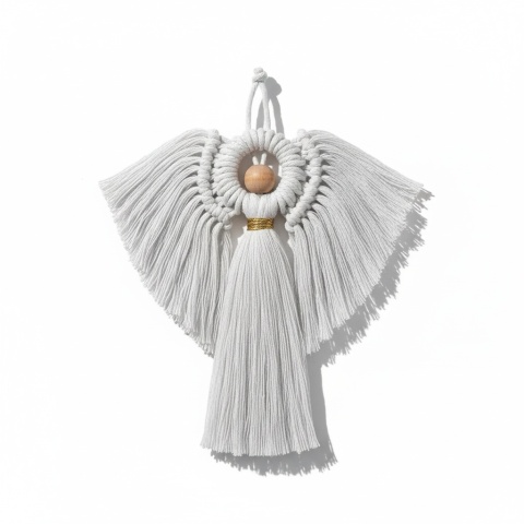 Aniołek Makrama Bombka Choinkowa 19cm Biały Bawełna Drewno
