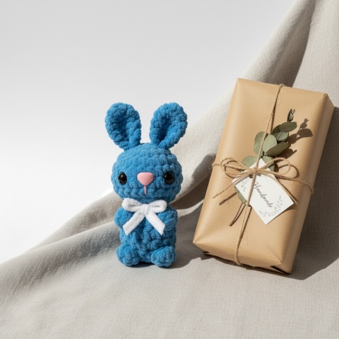 Króliczek Szydełkowy Wielkanocny 12cm Niebieski Pluszowy Handmade